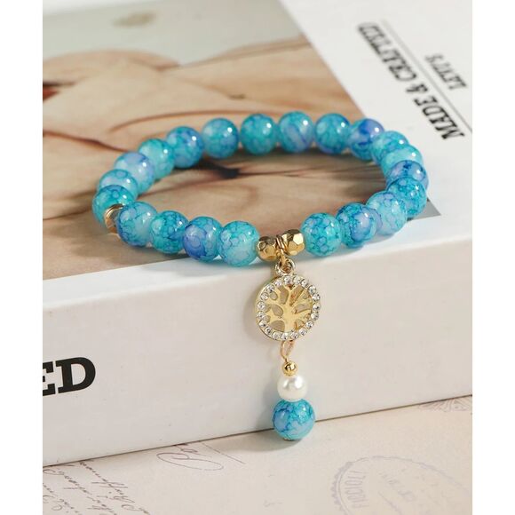 Handmade Blue Apatite Stretch Beaded Bracelet Gold Tree of Life Charm Jewelry - Picture 1 of 5